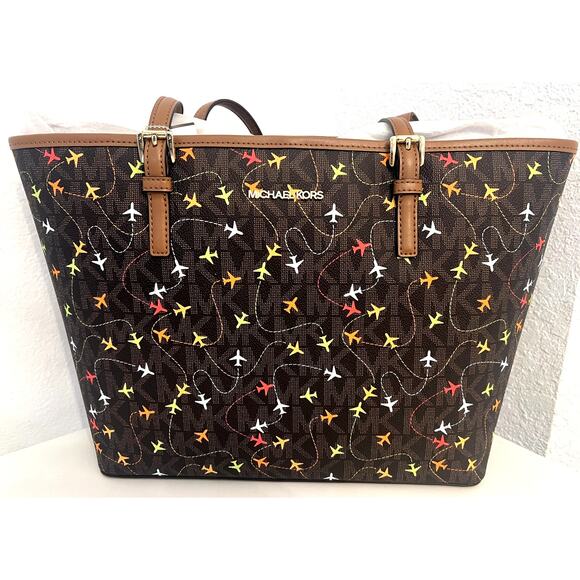 Michael Kors Jet Set Purse Medium Carryall Airplane Print Tote Bag - Brown NWT - Picture 1 of 6